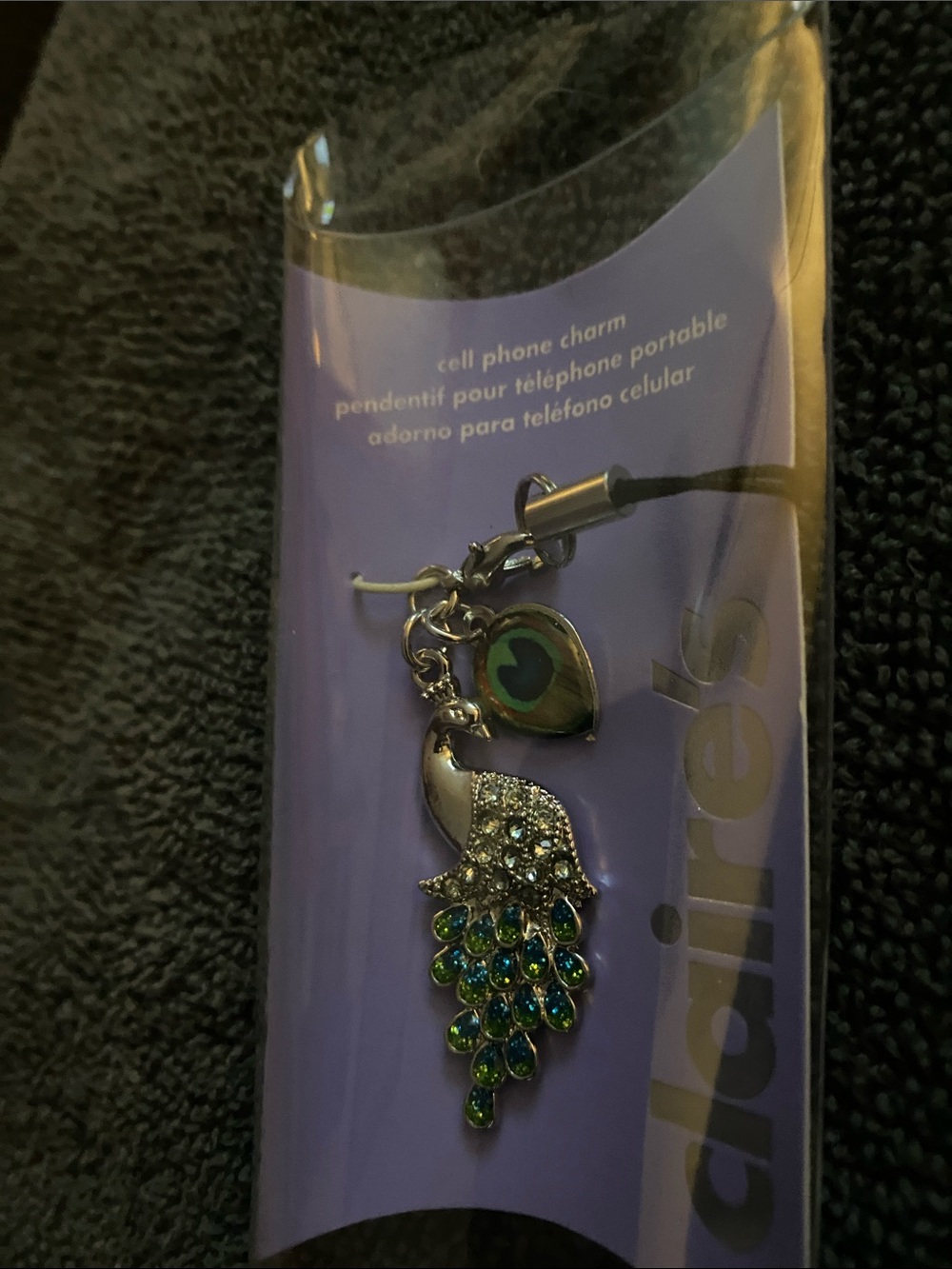 Claire's Silver Peacock Phone Charm with Green and Blue Gems